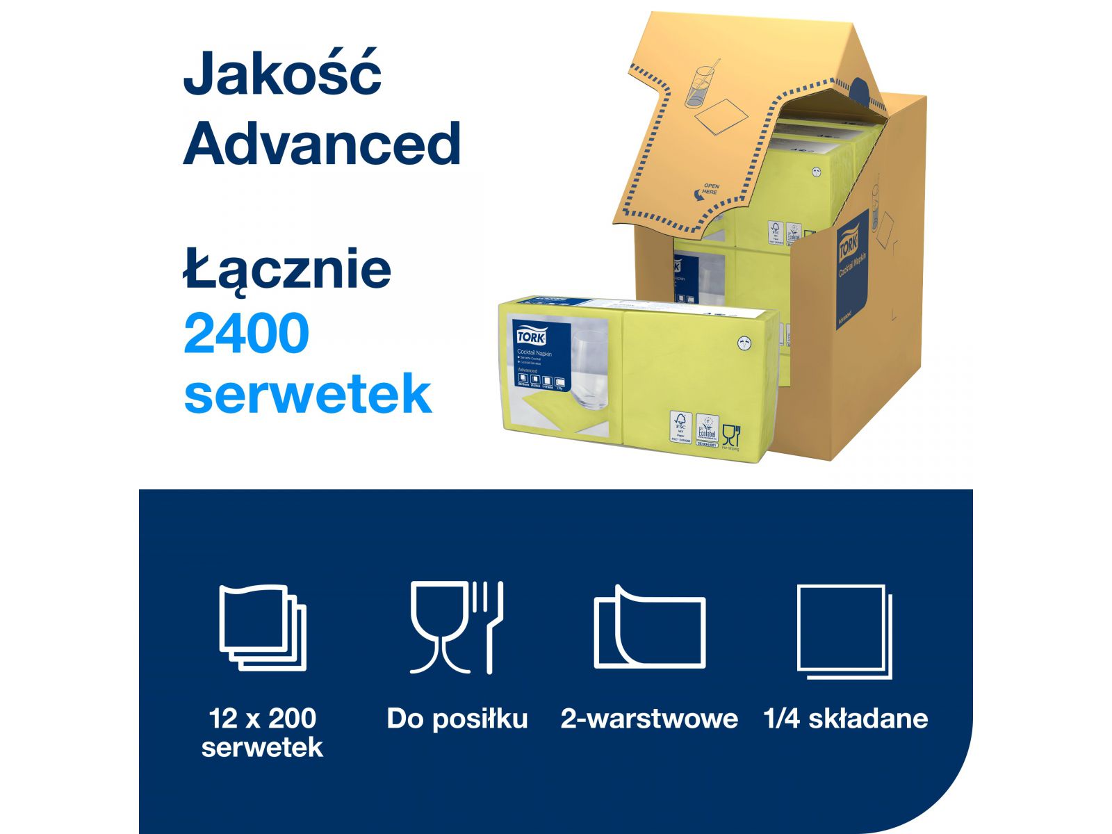 Serwetki Tork 24x24 477822 Limonkowa Karton 2400 serwetek (12 x 200) Składana 1/4